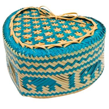 Imagem de Cesta de servir arroz pegajoso de bambu 15 x 13 cm, Kratip, recipiente intrincadamente tecido, em forma de coração, padrão de trama de elefante, azul, tailândia feito à mão (turquesa A)