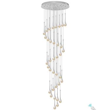 Imagem de Escada de 150 ''/381 cm de comprimento castiçais pendentes de cristal candelabros de coluna de prata clara candelabro pendente de teto alto de entrada ao Vest, prateado, prateado: 12 -Lights