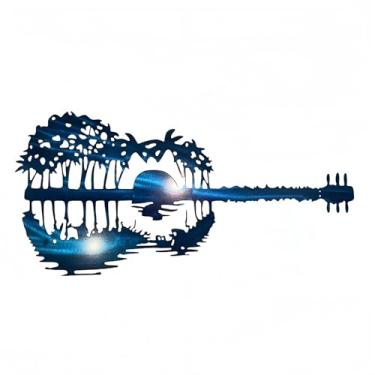 Imagem de lomysoali Decoração de arte de parede de guitarra de metal, pendurar na parede musical, guitarras pôr do sol, adequado para sala de estar, quarto e corredor - Tema de música contemporânea - 30 cm x