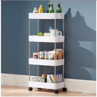 Imagem de Carrinho Organizador Multiuso com 4 Prateleiras, Móvel com Rodízios, Branco e Preto, para Cozinha e Banheiro