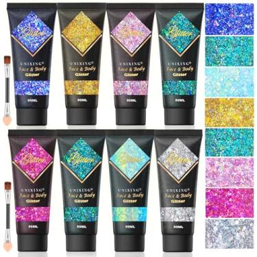 Imagem de 8 peças de gel com glitter facial, gel holográfico com glitter corporal para cabelo, corpo, rosto, lábios, sombra, tinta facial com glitter, glitter grosso para maquiagem, maquiagem brilhante com