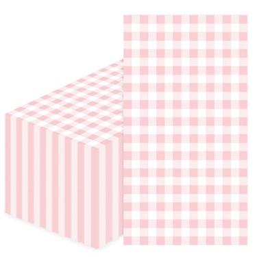 Imagem de SietDESEO 25 guardanapos guingão rosa claro de 3 camadas 33 x 15,7 polegadas guardanapos de banheiro de hóspedes toalhas de mão descartáveis para banheiro, casamento, festa de aniversário, papel