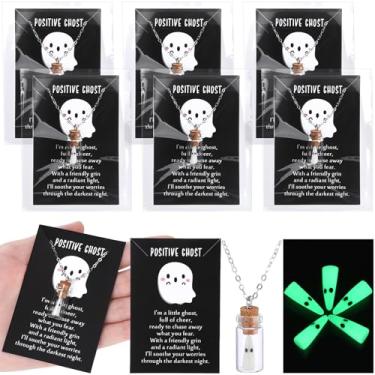 Imagem de Wonderjune 6 conjuntos de colares de lembrancinhas de festa de Halloween, fantasma que brilha no escuro, resina fantasma em uma garrafa, pingente com caixas de cartões positivos, mini fantasmas