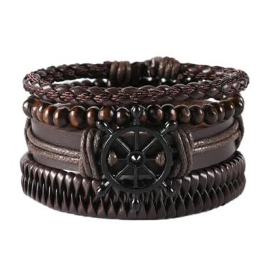 Imagem de Pulseira de couro masculina feita à mão, pulseiras empilháveis de couro, multicamadas, preto, marrom, trançado, elástico, para mulheres, conjunto de joias punk, presentes, Medium, Couro, Sem Pedra