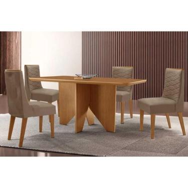 Imagem de Conjunto Sala de Jantar Nevada c/ Tampo Madeirado Canto Curvo 120x80cm e 4 Cadeiras Maldivas Madeira Maciça Naturale - Capuccino/Suede Capuccino-Rufat