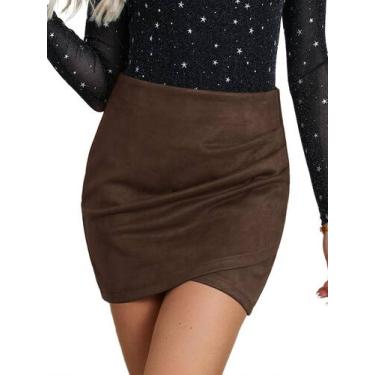 Imagem de Saia Ezcosplay de cintura alta, camurça sintética, franzida, marrom