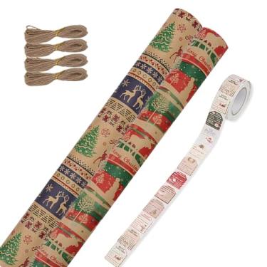 Imagem de JEPELUS Papel de embrulho de Natal (2 rolos: 93 pés quadrados ttl.) - 43 x 80 metros por rolo - Papel de embrulho de presente Kraft vintage com 500 peças de adesivos de etiquetas de presente de Natal