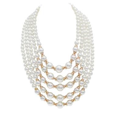 Imagem de Falso Big Pearl Srand Colares para Mulheres 5 Camadas Pérolas Gargantilha Colar Colar Pulseira e Brincos Conjunto 1920 Fantasia Pérola Joias Casamento, Adjustable, Zinco, Pérola sintética