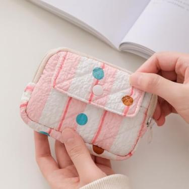 Imagem de Bolsa de moedas listrada acolchoada, bolsa de maquiagem acolchoada macia, estojo de batom portátil com estampa de pontos com fecho de zíper, rosa, Moderno