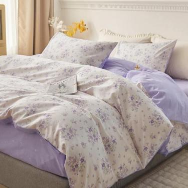 Imagem de Conjunto de edredom HighBuy, tamanho completo, branco, roxo, floral, 3