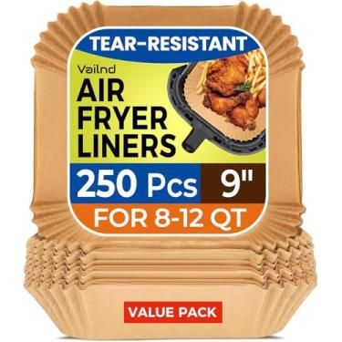 Imagem de Vailnd Air Fryer Forros de papel descartáveis quadrados de 23 cm, 125 peças, papel pergaminho antiaderente, resistente a óleo e à prova d'água para forno de fritadeira a ar de 8 a 12 QT