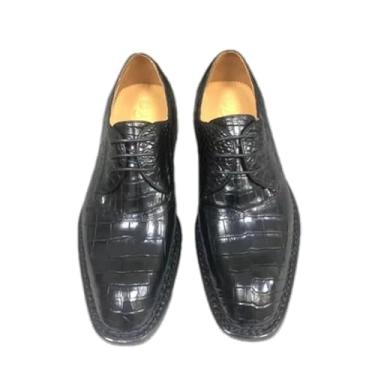 Imagem de Estilo formal de negócios autêntico crocodilo pele de barriga artesanal masculino couro de jacaré genuíno sapato social masculino bico quadrado Oxfords, Preto, 37