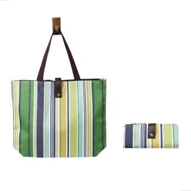 Imagem de Ecobag Dobrável com Zíper Bolsa de Compras Reutilizável para Feira Supermercado e Praia 45,5x32x12 cm Tecido Oxford (Verde Listrado)