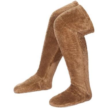 Imagem de Shyyween Meias felpudas de pelúcia sobre o joelho fofas meias de inverno de pelúcia para dormir em casa, Marrom claro, Medium