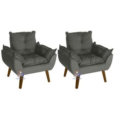 Imagem de Kit 02 Poltrona/Cadeira Decorativa Opala Glamour Chumbo Com Pés Quadra