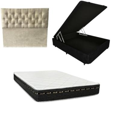 Imagem de Cama Box Baú Blindada com Colchão Eagle Molas Bonnel 22cm + Cabeceira Botonê (CORINO PRETO, Casal)