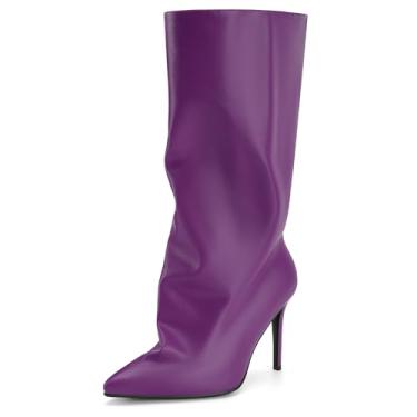 Imagem de Perisis Botas femininas despojadas cano médio pretas longas de puxar salto agulha bico fino botas de tubarão para mulheres sexy moda, Pu-roxo, 43