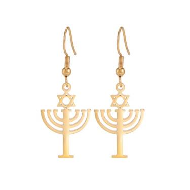 Imagem de Brincos de Hanukkah com pingente de estrela de Davi para mulheres Chanucá Menorá brincos gota Hanukkah joia presente para mulheres amuleto judeu, Aço inoxidável, Sem pedra preciosa
