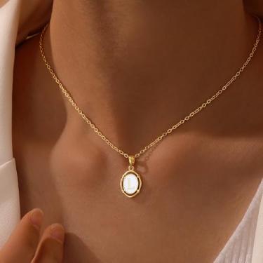 Imagem de Colar feminino banhado a ouro 14 K - Colar delicado com pingente de inicial A-Z, colar hipoalergênico delicado e não mancha, presente de nome personalizado joia moderna, 14.96+2.76", Aço inoxidável