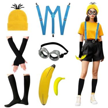 Imagem de Hlimior Conjunto de fantasia de Halloween – bonés amarelos, óculos, suspensórios, meias e luvas, banana sintética e banana inflável., Amarelo, adult