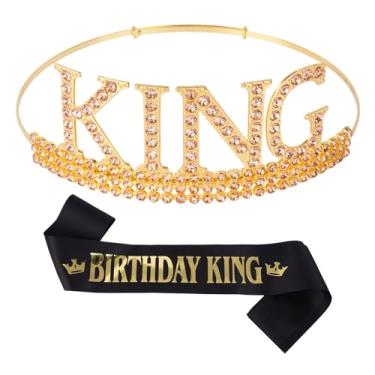 Imagem de Hauojaus Faixa de aniversário para homens, decorações de aniversário para homens, conjunto de coroas de rei e faixa de aniversário, tiara masculina dourada, príncipe diadema, acessórios de cabelo de
