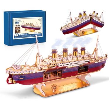 Imagem de Vziimo Titanic 3D Puzzles for Adults, LED Titanic Metal Ship Model Building Kits for Home Desk Decor, 368 Pcs Wooden DIY Arts and Crafts Collection Gifts for Couples Women Kids 12 +
