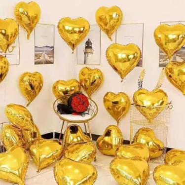 Imagem de 5 unidades de balões de filme em forma de coração de 45,7 cm coloridos para decoração de festa de aniversário de casamento e dia dos namorados (dourado)