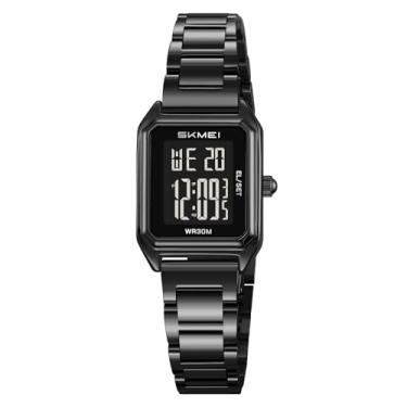 Imagem de MASTOP Relógio digital dourado quadrado de aço inoxidável à prova d'água com data, alarme, cronômetro, contagem regressiva, Preto, Moda esportiva delicada