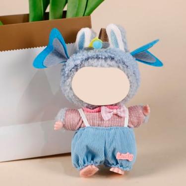 Imagem de Compatível com Labubu (sem boneca) - Faixa de cabeça de elefante azul + suéter rosa + conjunto de macacão para bonecas de pelúcia de 15 cm/17 cm (azul)