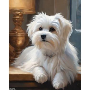 Imagem de XTXGERL Pintura a óleo digital, cão maltês no peitoril da janela, pintura por números, pintura a óleo, tela, decoração de casa, 40 x 50 cm, sem moldura