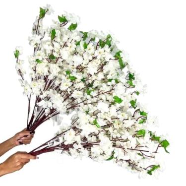 Imagem de Kit 10 a 40 Hastes De Flores De Cerejeira Artificial 65cm Flor Pessegueiro Estilo Oriental Para Decoração (30,Branco)