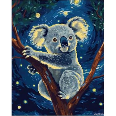 Imagem de Pintura de coala por números para adultos em tela, noite estrelada, linda paisagem de coala, escalada de árvore, tintas acrílicas para decoração de parede de casa, conjunto de presente de pintura a