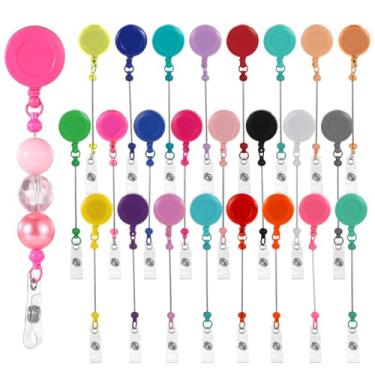 Imagem de 24 peças de clipes de carretel de crachá com contas com cordão de nylon retrátil, suportes de crachá de identificação em branco, personalizável para enfermeiros e professores