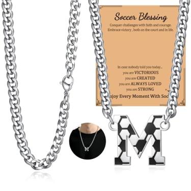 Imagem de NUKAYAI Colar de futebol com letra A a Z para homens, pingente de pingente de aço inoxidável, corrente de prata, acessórios de joias, material de 50,8 cm, colares personalizados, presentes de futebol