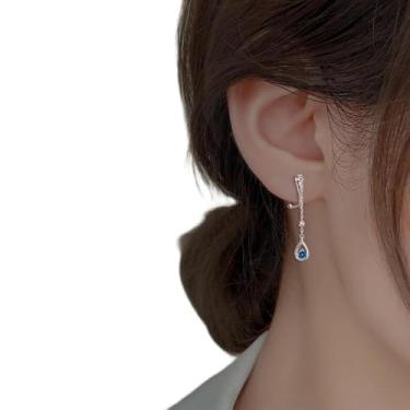 Imagem de Brincos pendentes com clipe para mulheres, pedra do mês de novembro, hipoalergênicos, não perfurados, sem dor, Medium, Cobre, Cria safira