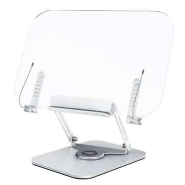 Imagem de Matybobe Suporte de mesa para leitura com base giratória de 360° painel de acrílico transparente e clipes de página dobrável e ângulo ajustável para suporte de livros de culinária, receitas