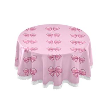 Imagem de SEHANY Toalha de mesa redonda com laço rosa de 152 cm, tecido lavável sem rugas, toalha de mesa decorativa de renda para restaurante, casamento, acampamento, festa de cinco de maio