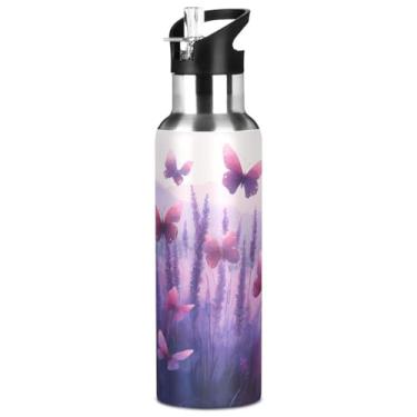 Imagem de Blueangle Garrafa de água de aço inoxidável de 947 ml Campo de lavanda com borboletas - Garrafa esportiva de metal isolada à prova de vazamento para academia, acampamento, fitness ao ar livre e
