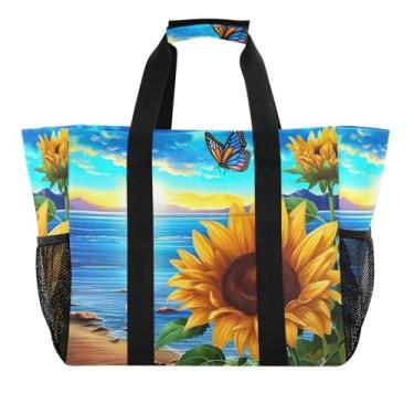 Imagem de Wassud Sacolas de compras reutilizáveis de girassol e borboleta grande bolsa organizadora de lona impermeável para praia, piquenique, lavanderia, viagem