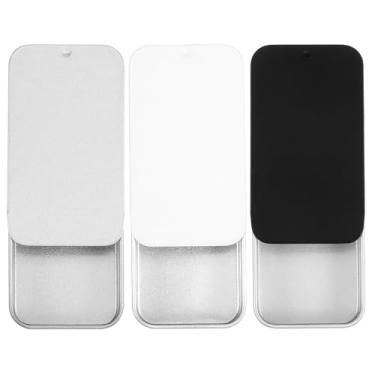 Imagem de 3 recipientes de metal para caixa de estanho pequena caixa de metal 6 x 3 x 0,10 cm, mini recipiente vazio retangular deslizante para doces, joias, pílulas, agulhas, preto/branco/prata