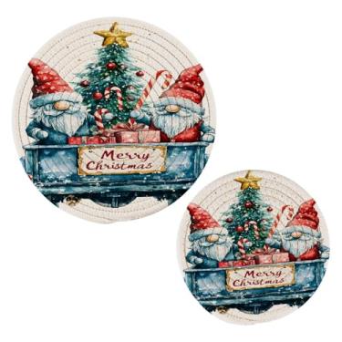 Imagem de Wassud Conjunto de gnomos de aquarela de Natal para pratos quentes, suportes de panela redondos, almofadas quentes de algodão, porta-copos elegantes, decoração de cozinha e acessórios, 2 peças