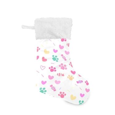 Imagem de Wassud Meia de Natal fofa com punho branco com estampa de pata colorida 45,7 cm grande para decoração de lareira e cornija de lareira 1 pacote