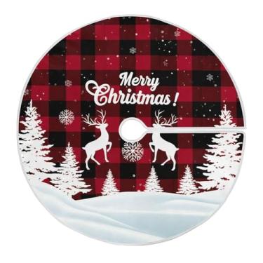 Imagem de Wassud Saia para árvore de Natal com laços seguros, tapete de árvore de Natal, xadrez, cervo, festivo para festas de ano novo, decoração de casa