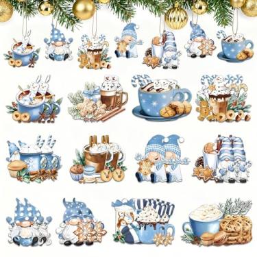 Imagem de Gnomos de Inverno Azuis Decorações de Natal Enfeites de Pendurar de Madeira 24 Peças Vintage Sobremesa Caneca de Chocolate Quente e Doces Artesanato com Cordas para Árvore de Natal, Inverno, Casa