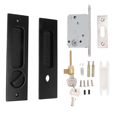 Imagem de QANYEGN Fechadura de porta deslizante, trava de alça embutida com 2 chaves, bolso de trava de alça de liga de zinco para ferragens de móveis de porta de madeira de celeiro (Preta)