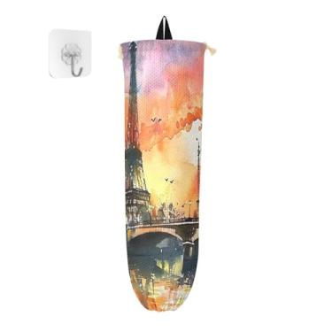 Imagem de Pintura em aquarela Torre de Paris pacote com 2 porta-sacolas de compras, organizador de bolsa de armazenamento, suporte de saco de plástico para cozinha