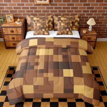 Imagem de Feelyou Jogo de edredom com tema de pixel, 7 peças, solteiro, geométrico, quadrado, para crianças, meninos, meninas, decoração de quarto, marrom, respirável, macio e leve de microfibra