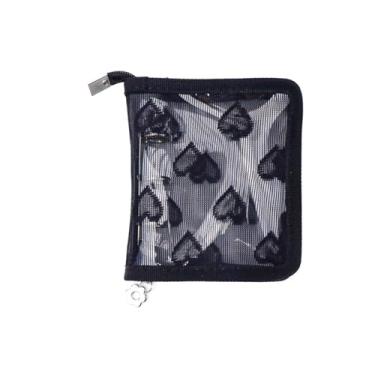 Imagem de Mogoostry A9 Capa de fichário com zíper mini pasta transparente de PVC com zíper, decoração de renda, 3 anéis, organizador de caderno de folhas soltas (preto)