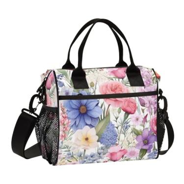 Imagem de GAIGEO Lancheira de flores em aquarela isolada com alças, lancheira com isolamento térmico, lancheira de escritório, P