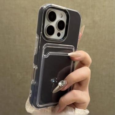 Imagem de Capa para celular com porta-cartões para iPhone 16, 15, 14, 13, 12 Pro Max e 11, na cor Candy Color. Capa protetora transparente e macia, estilo carteira, resistente a impactos, na cor preta. Compatí